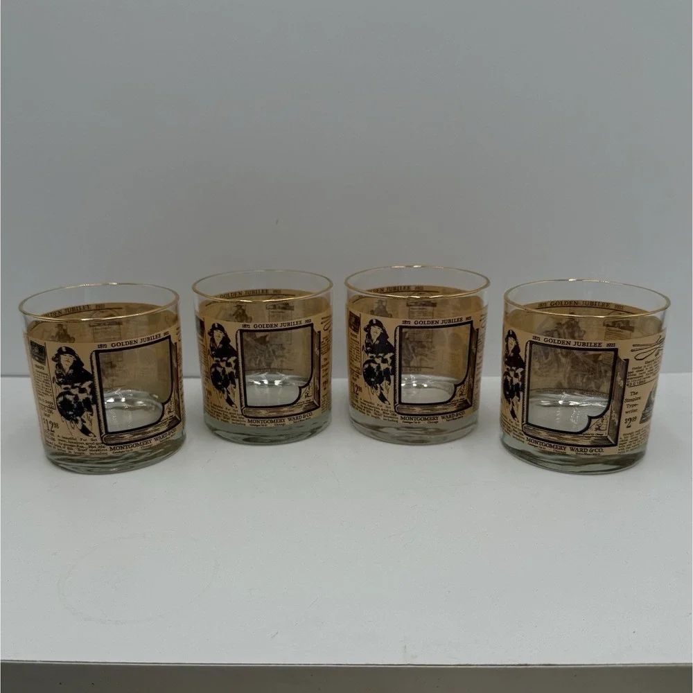 4-Vintage 1972 Montgomery Ward Golden Jubilee‎ Whiskey Rocks Glasses Gold Rim